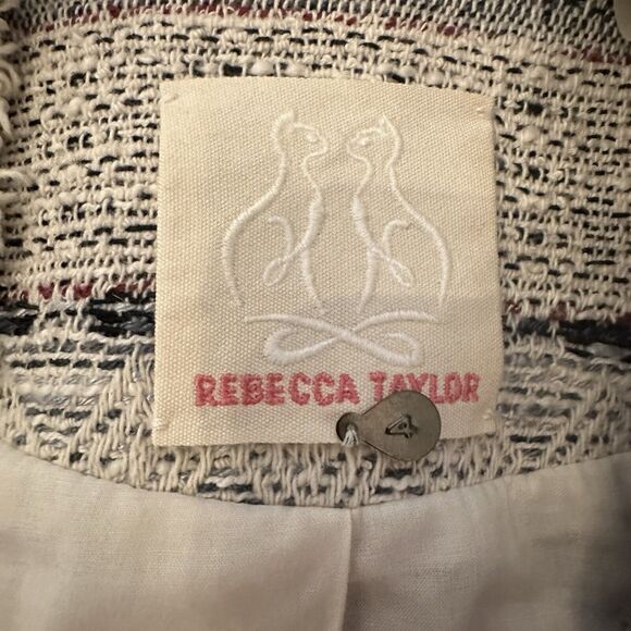 REBECCA TAYLOR Tweed Pattern Evening Jacket Navy Chain NICE Size 4 - Picture 3 of 13